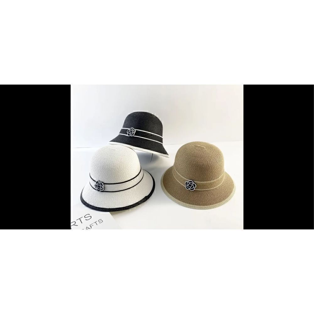Beautiful bowler hat with patterned flower adjustable strap tan